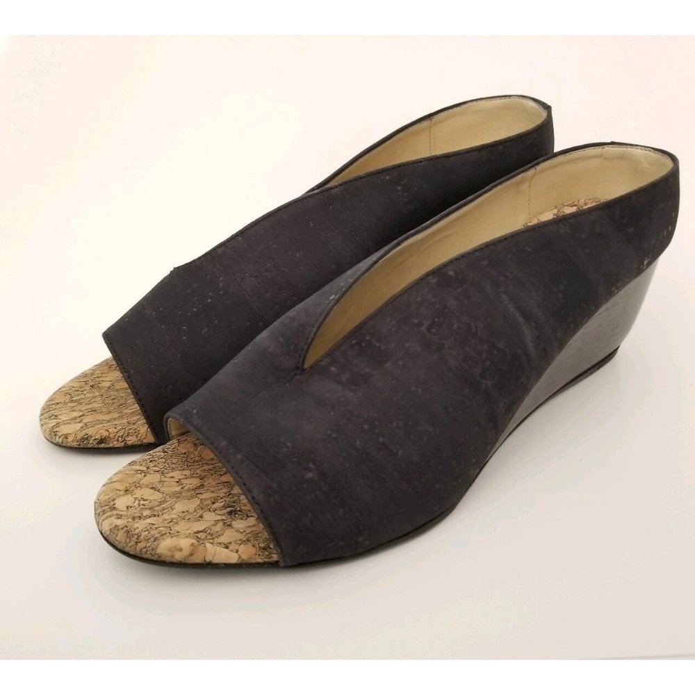 Sydney Brown Vegan Wedge Mule Peep Toe Wood Heels Black Natural Cork Size 39